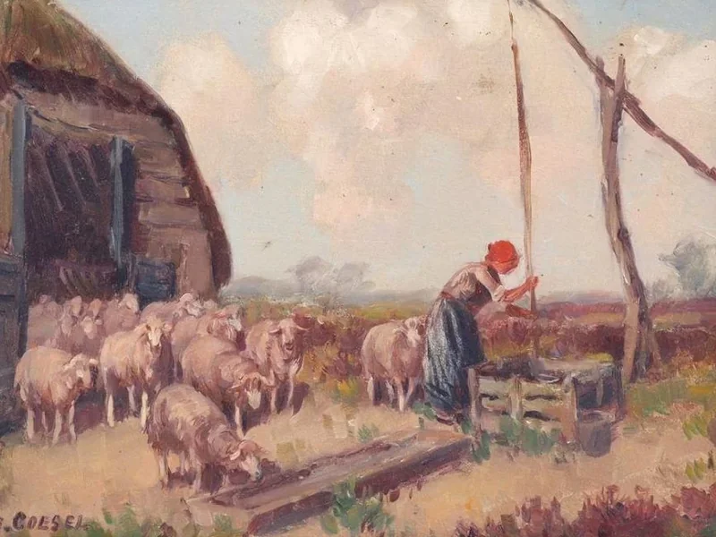 1886-Bernardus Franciscus Coesel - Pecore e moglie del contadino vicino a un pozzo